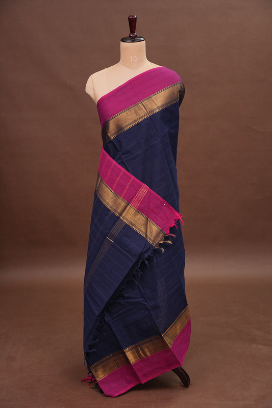 Kanchi Cotton Sarees - Blue With Contrast Pink Border