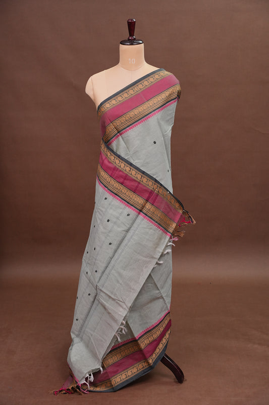 Kanchi Cotton Sarees - Grey With Contrast Retta Pettu Border
