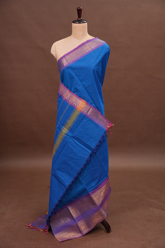 Kanchi Cotton Sarees - Ink Blue with Purple Border