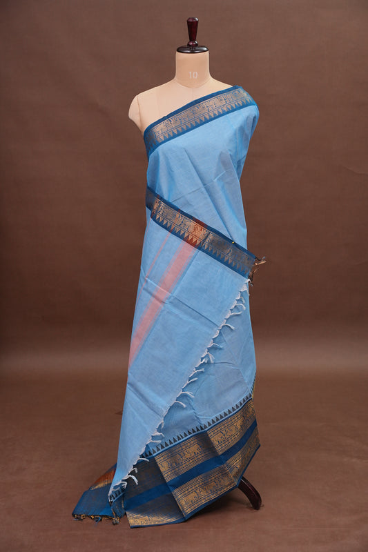 Kanchi Cotton Sarees - Baby Blue With Contrast Border