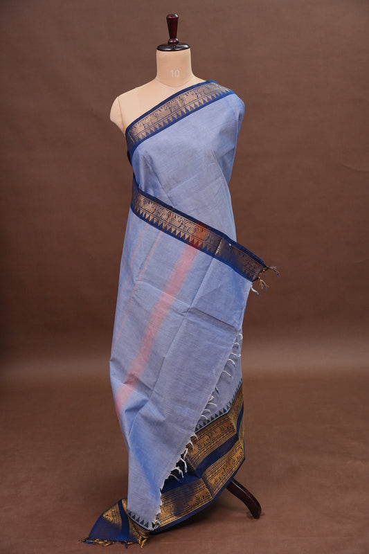 Kanchi Cotton Sarees - Bluish Grey with Blue Border