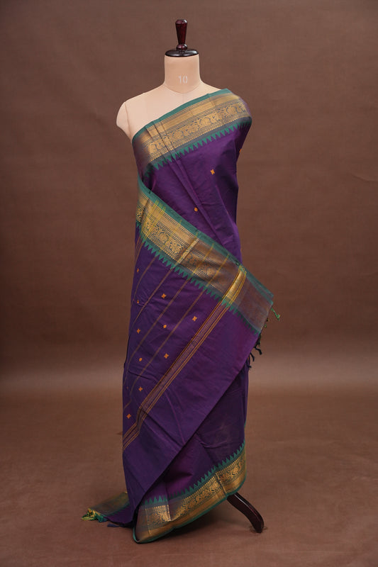 Kanchi Cotton Sarees - Purple with Blue Border