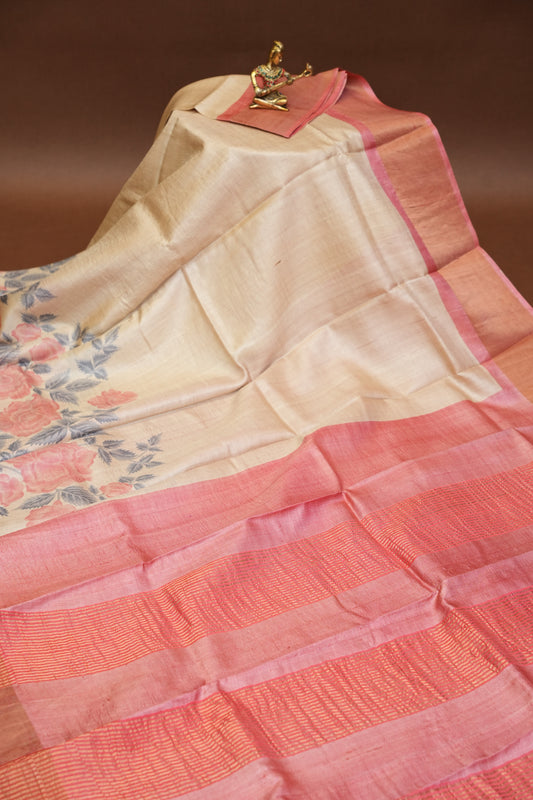 Floral Printed Pure Tussar Silk Saree - Half white