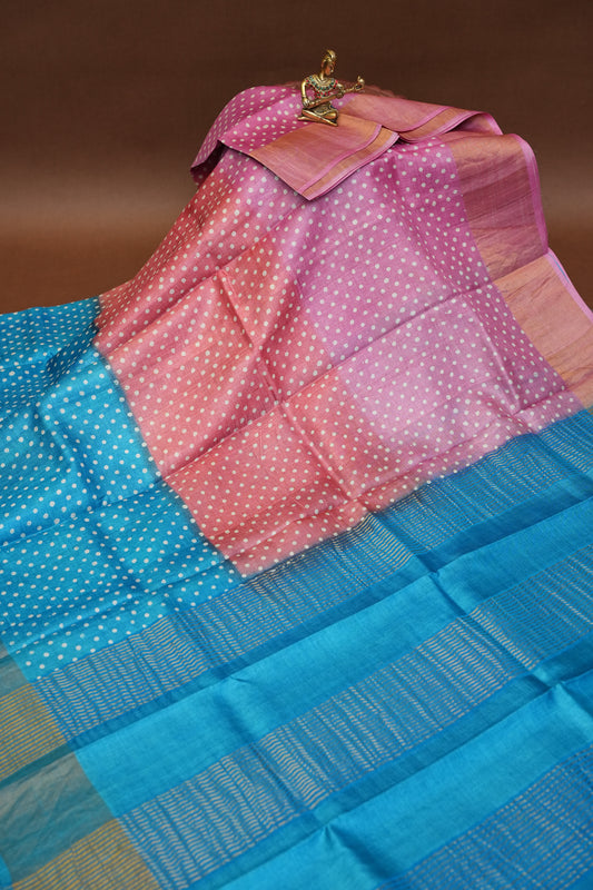 Geometric Patterned Pure Tussar Silk Saree - Pink