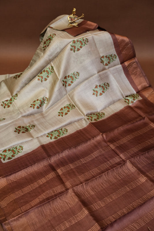 Floral Printed Pure Tussar Silk Saree - Half white