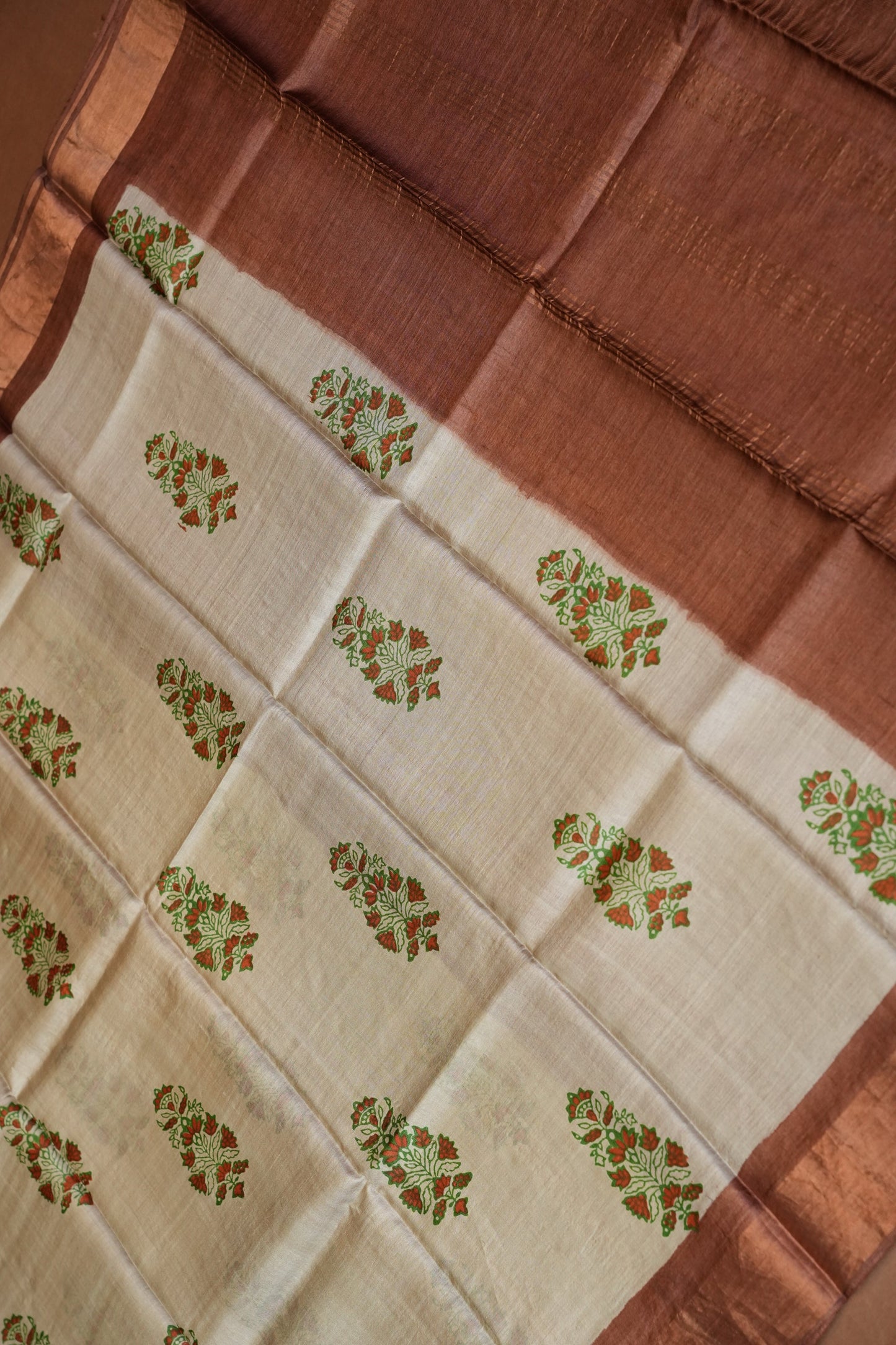 Floral Printed Pure Tussar Silk Saree - Half white