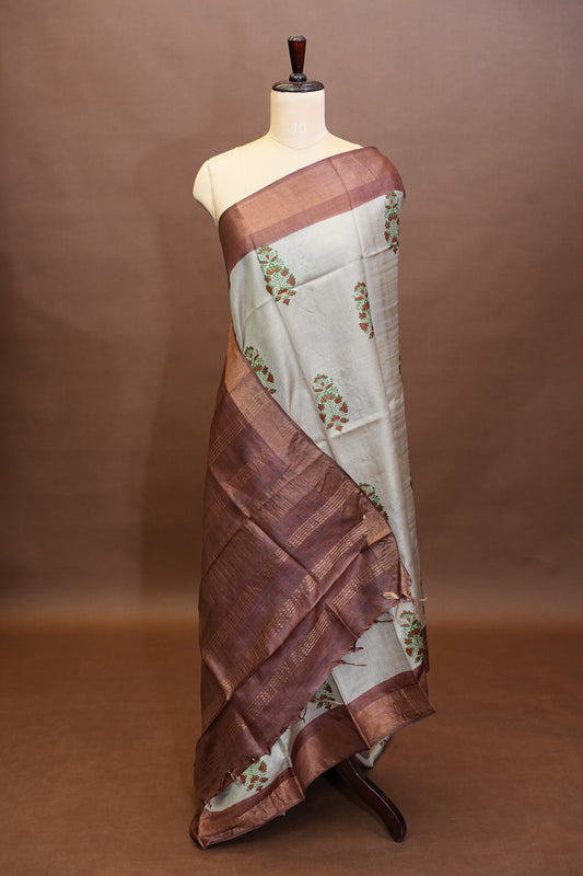 Floral Printed Pure Tussar Silk Saree - Half white
