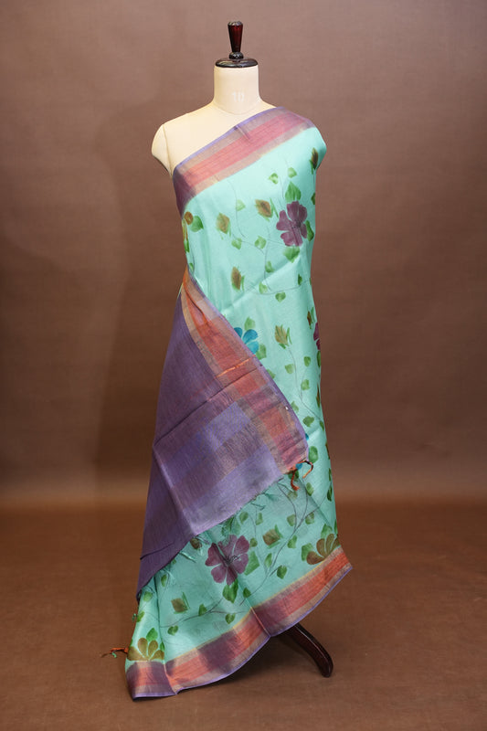 Floral Printed Pure Tussar Silk Saree - Sea Green
