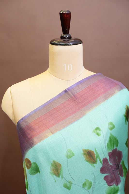 Floral Printed Pure Tussar Silk Saree - Sea Green