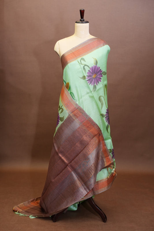 Floral Printed Pure Tussar Silk Saree - Pistachio