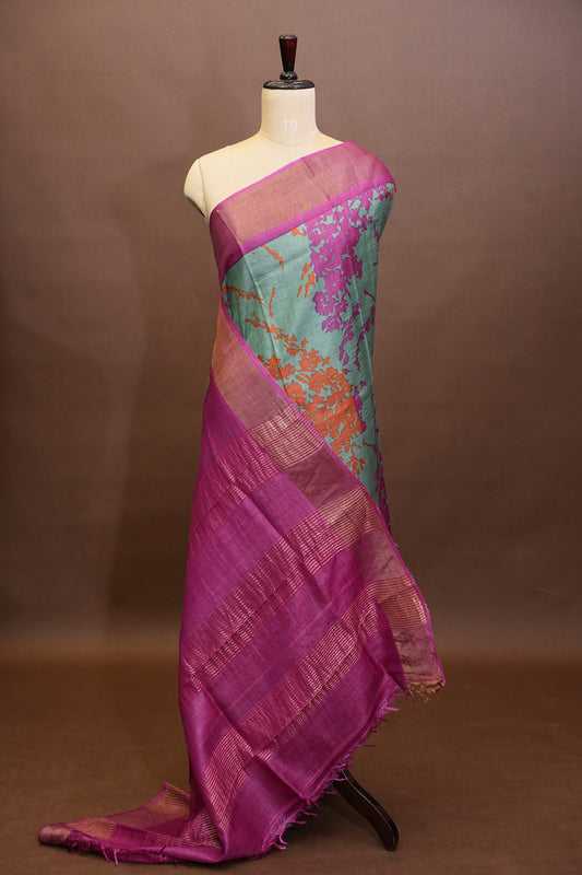 Floral Printed Pure Tussar Silk Saree - Teal Green