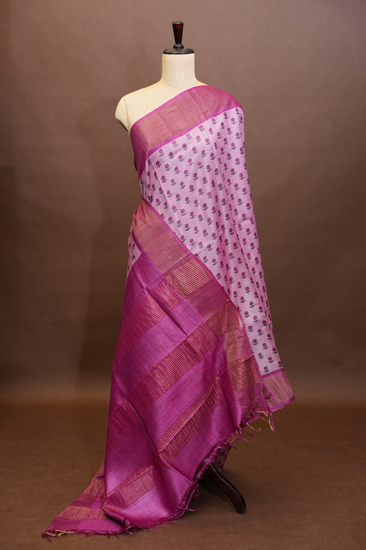 Floral Printed Pure Tussar Silk Saree - Pink
