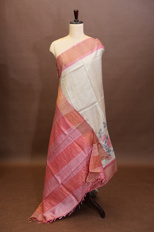 Floral Printed Pure Tussar Silk Saree - Half white