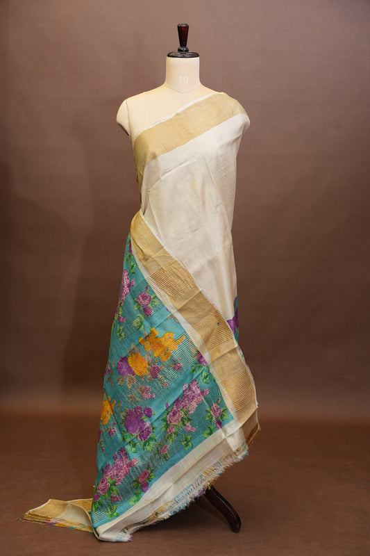 Floral Printed Pure Tussar Silk Saree - Half white