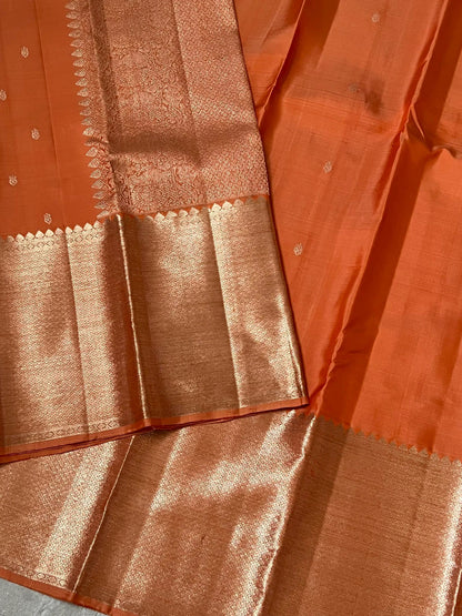 Handloom KANJIVARAM PURE SILK SAREE WITH SILVER ZARI BORDERS - Dark Peach
