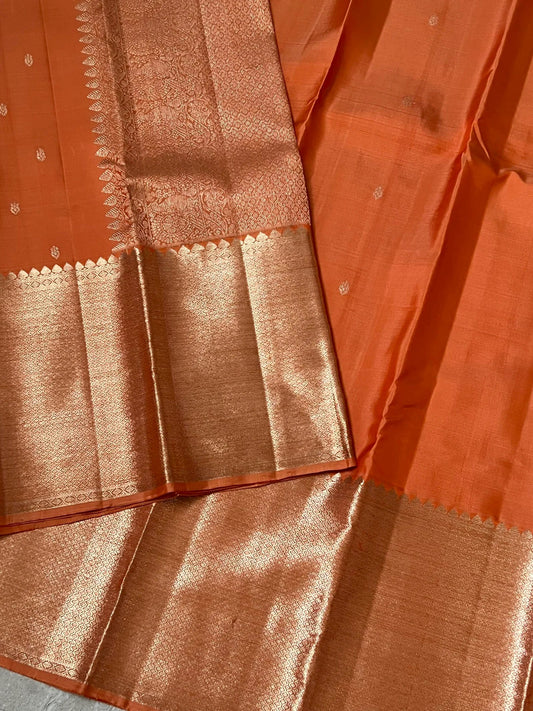 Handloom KANJIVARAM PURE SILK SAREE WITH SILVER ZARI BORDERS - Dark Peach