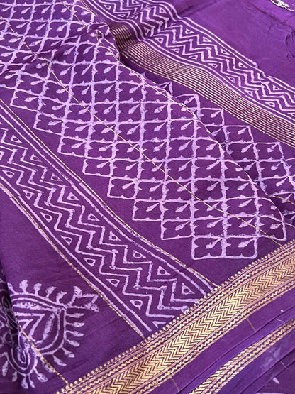 Pure Maheshwari Silk Cotton Saree with Ajrakh prints – Purple