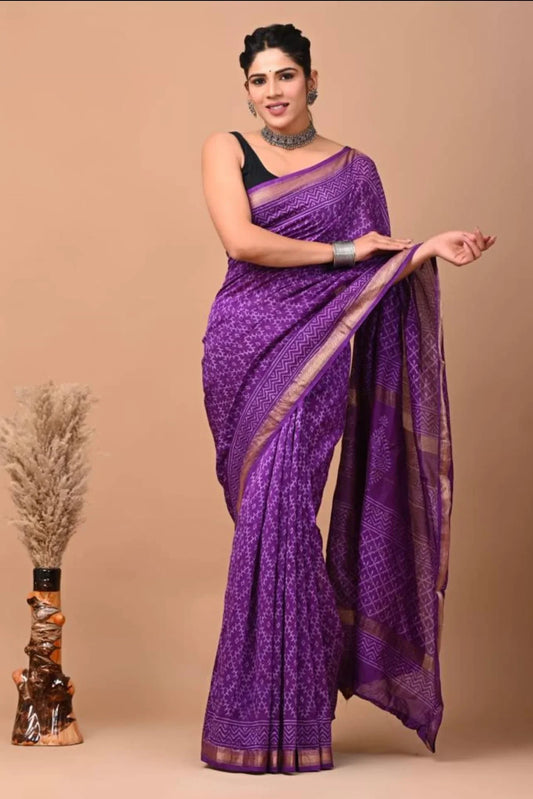Pure Maheshwari Silk Cotton Saree with Ajrakh prints – Purple