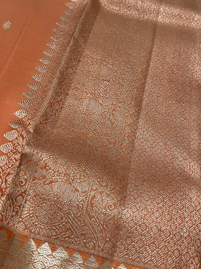 Handloom KANJIVARAM PURE SILK SAREE WITH SILVER ZARI BORDERS - Dark Peach