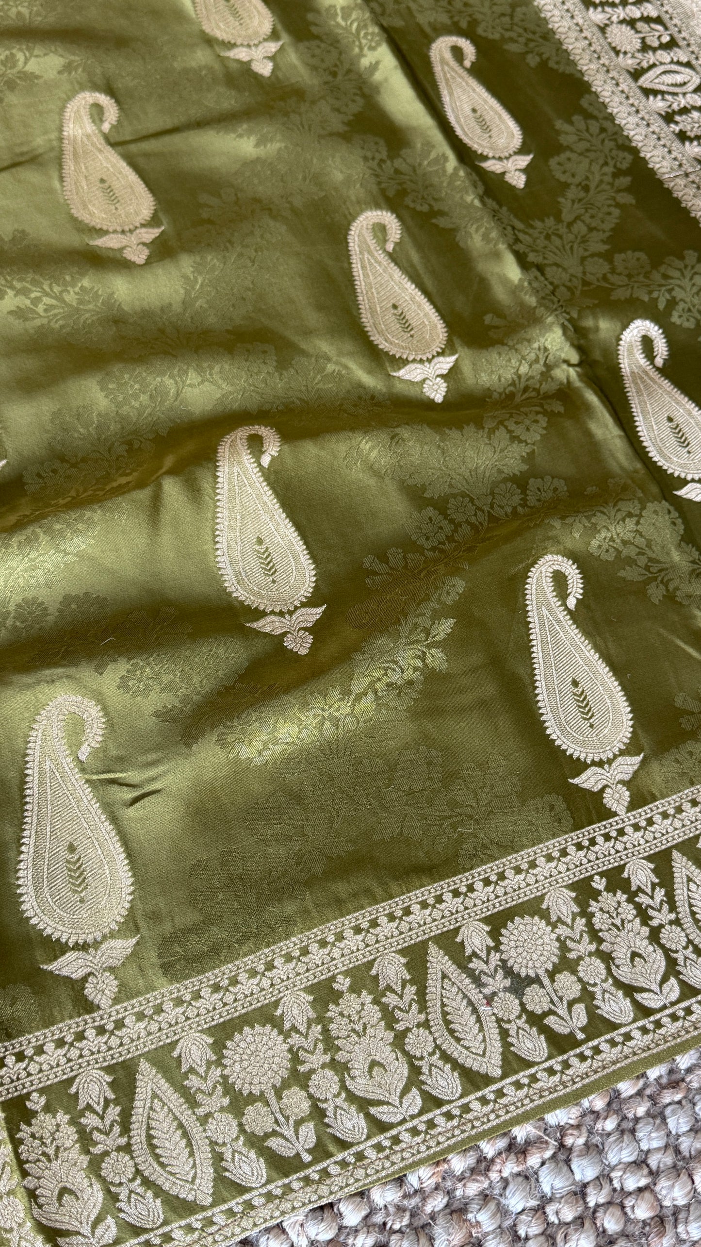 Mashru Silk Banarasi Saree – Kanchi Australia’s Exclusive – Olive Green