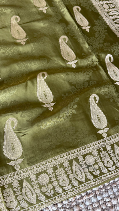 Mashru Silk Banarasi Saree – Kanchi Australia’s Exclusive – Olive Green