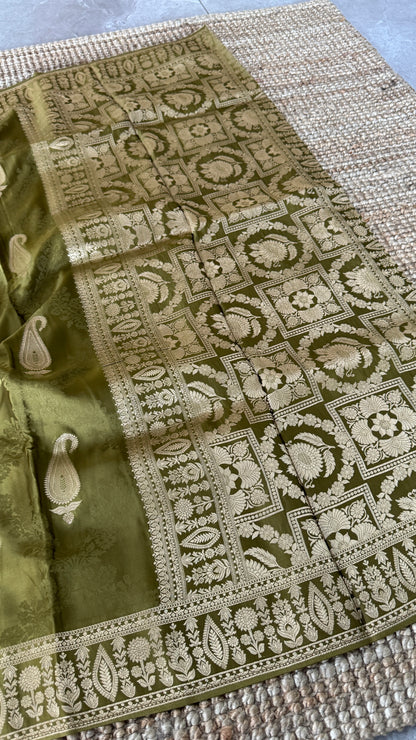 Mashru Silk Banarasi Saree – Kanchi Australia’s Exclusive – Olive Green