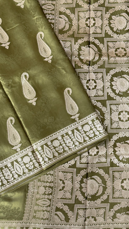 Mashru Silk Banarasi Saree – Kanchi Australia’s Exclusive – Olive Green