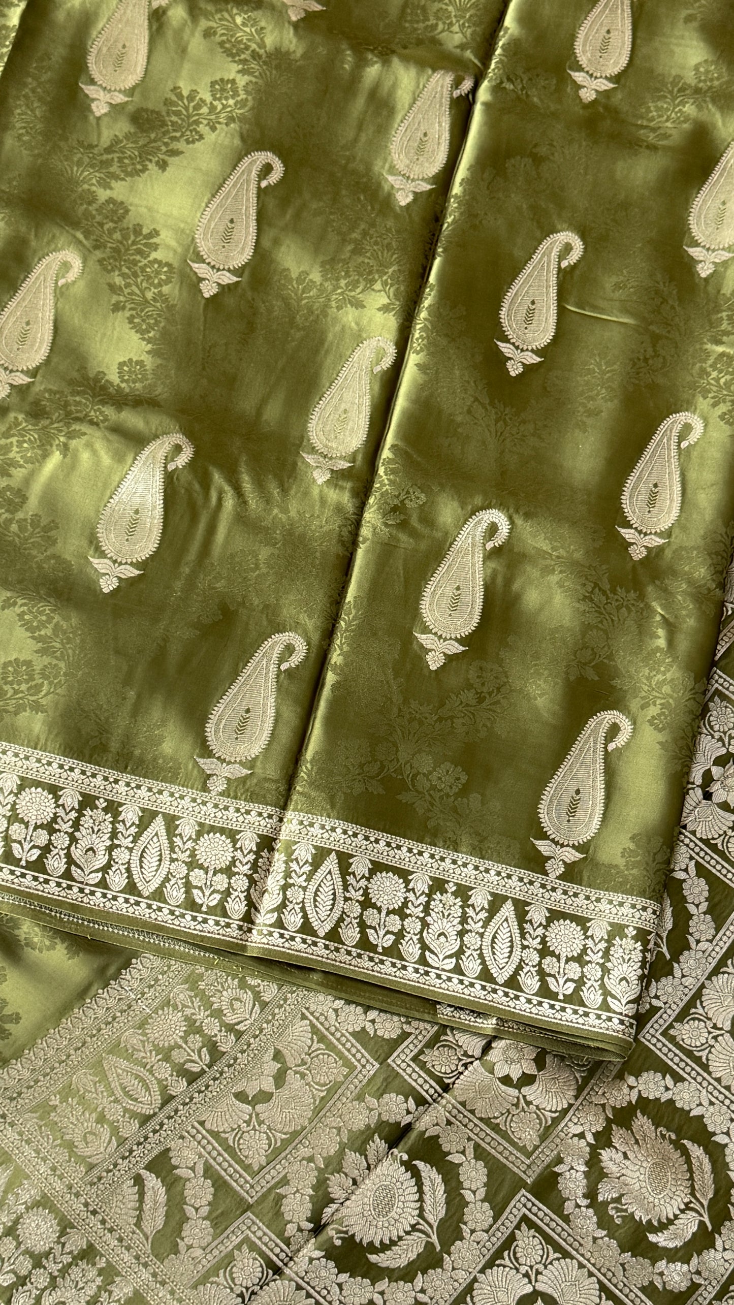 Mashru Silk Banarasi Saree – Kanchi Australia’s Exclusive – Olive Green