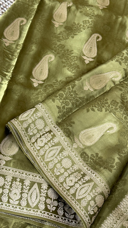 Mashru Silk Banarasi Saree – Kanchi Australia’s Exclusive – Olive Green