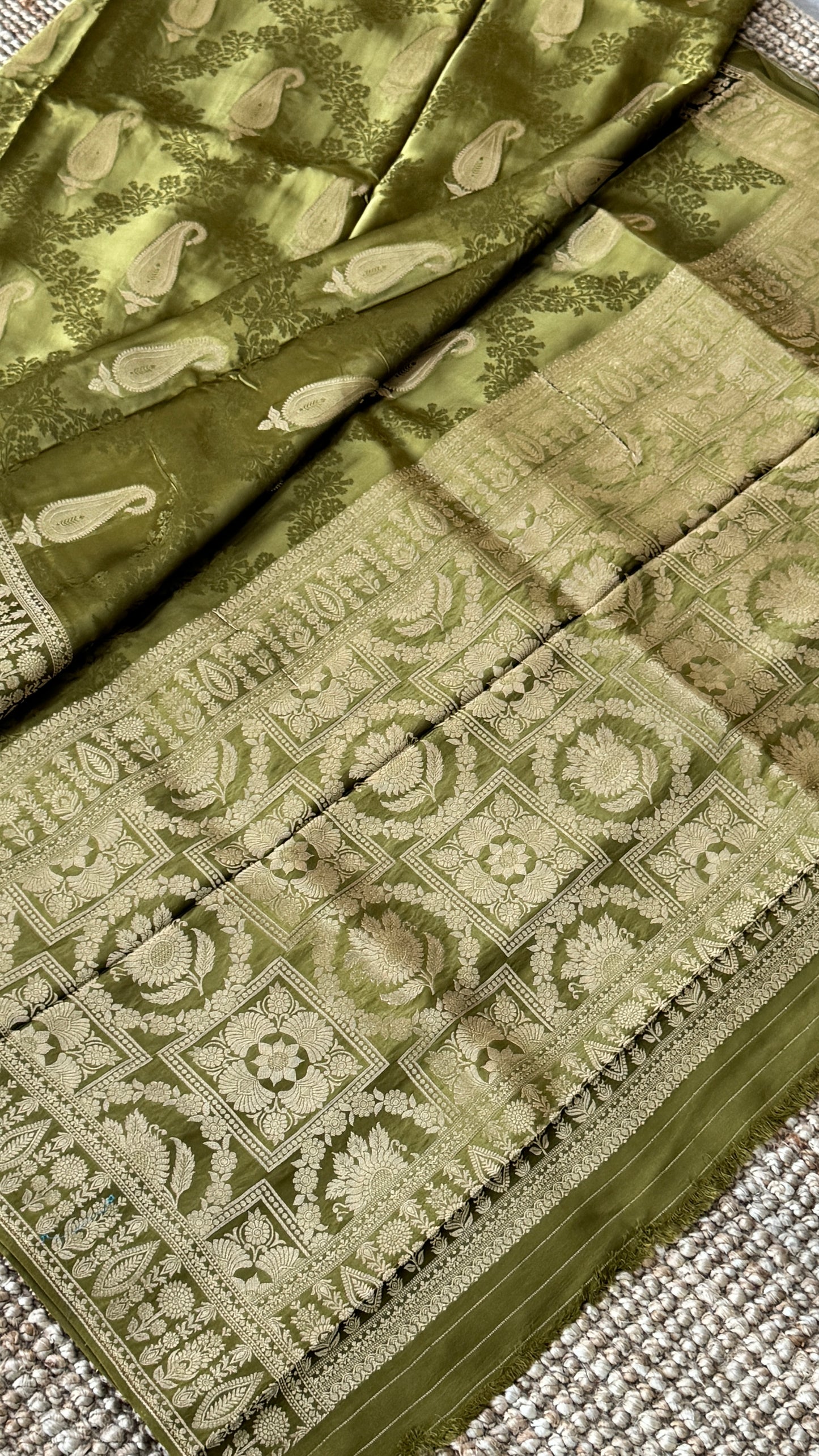Mashru Silk Banarasi Saree – Kanchi Australia’s Exclusive – Olive Green