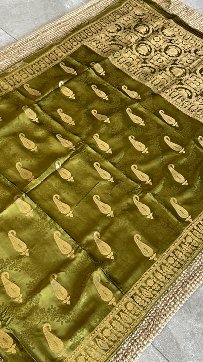 Mashru Silk Banarasi Saree – Kanchi Australia’s Exclusive – Olive Green