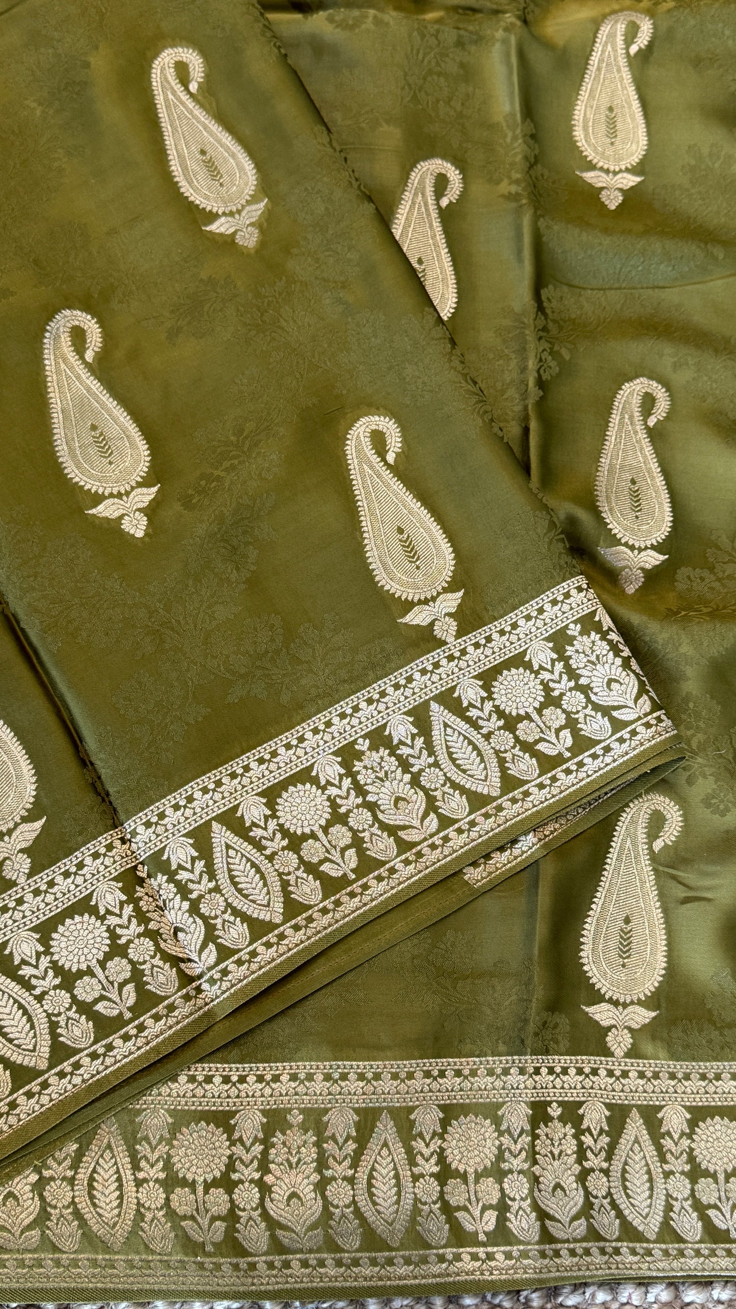 Mashru Silk Banarasi Saree – Kanchi Australia’s Exclusive – Olive Green