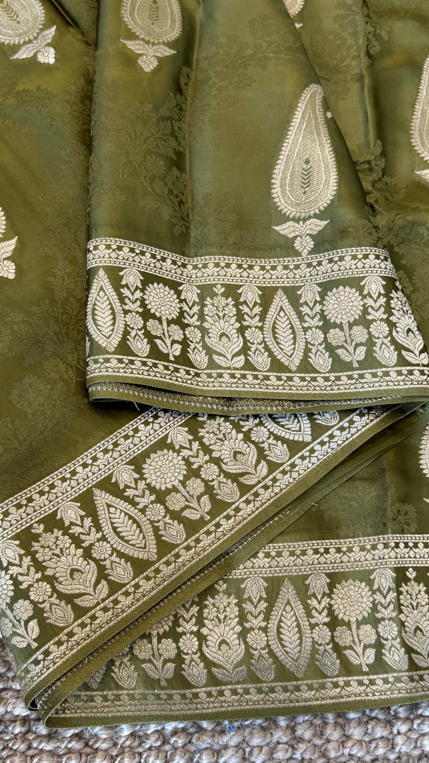 Mashru Silk Banarasi Saree – Kanchi Australia’s Exclusive – Olive Green