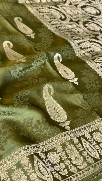 Mashru Silk Banarasi Saree – Kanchi Australia’s Exclusive – Olive Green