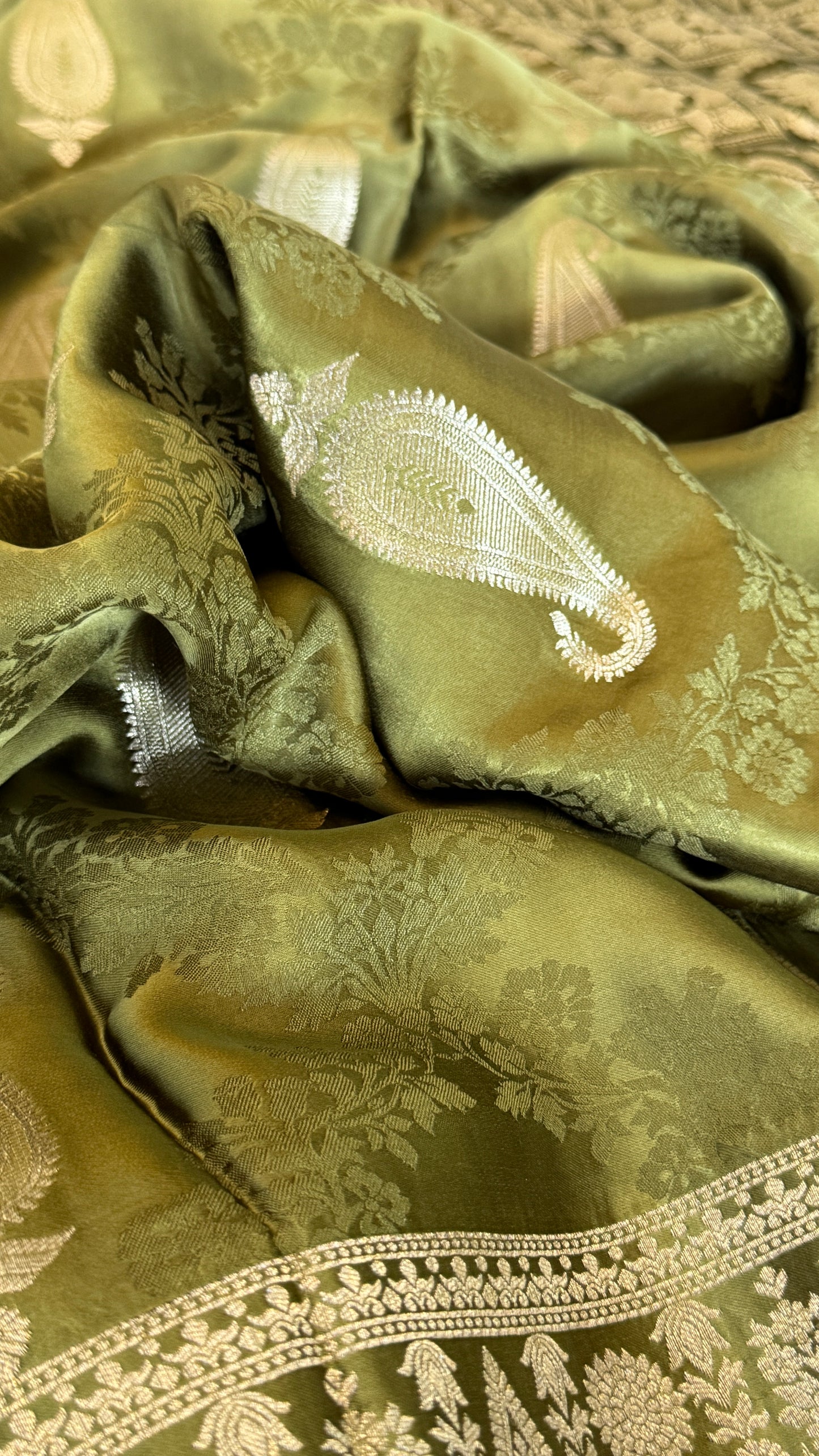 Mashru Silk Banarasi Saree – Kanchi Australia’s Exclusive – Olive Green
