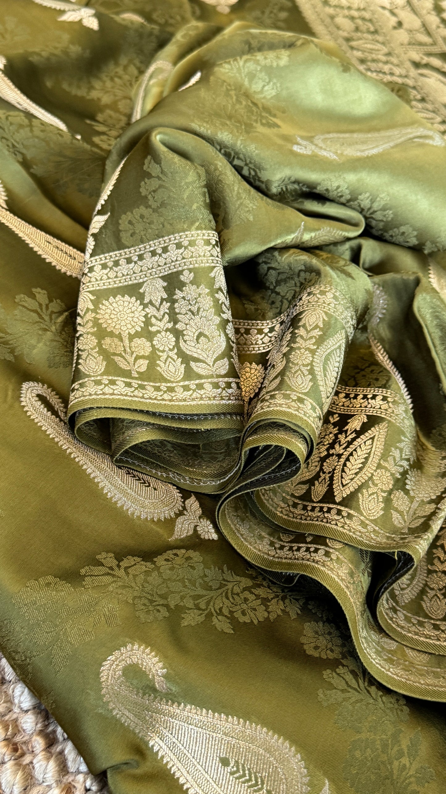 Mashru Silk Banarasi Saree – Kanchi Australia’s Exclusive – Olive Green