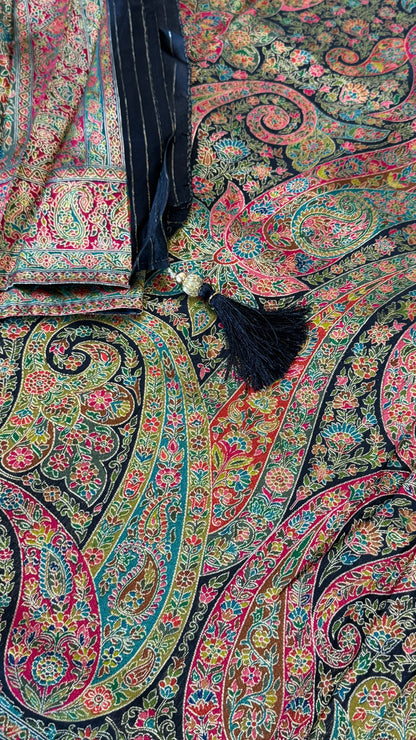 A Kashmiri Pashmina Banarasi Handwoven Floral Saree - Black