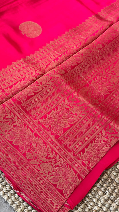 Pure Satin Viscose Silk Banarasi Sarees - Hot Pink