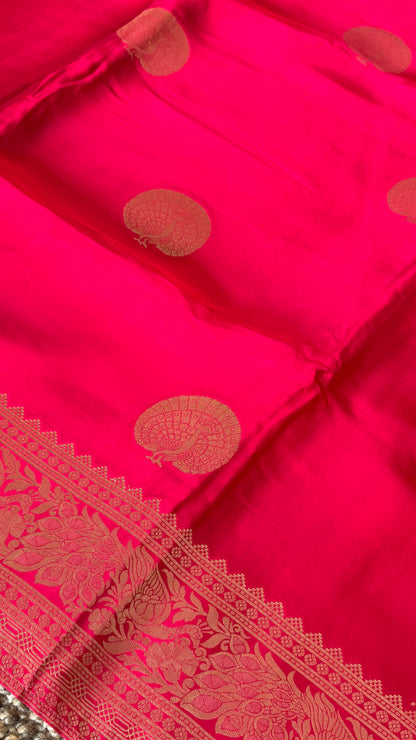 Pure Satin Viscose Silk Banarasi Sarees - Hot Pink