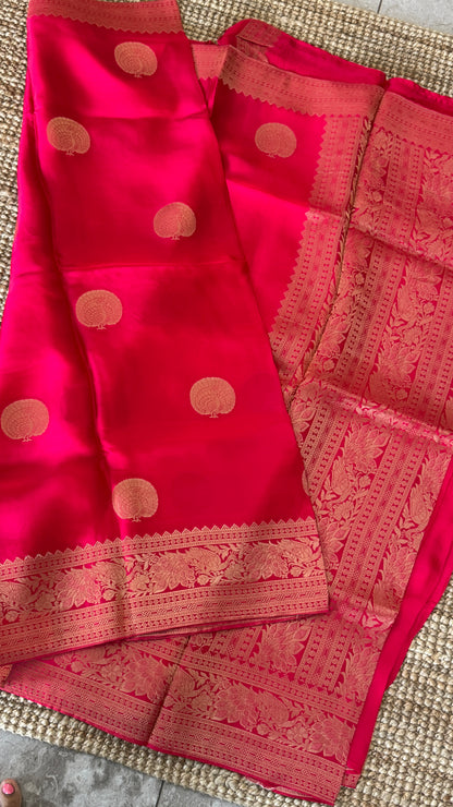 Pure Satin Viscose Silk Banarasi Sarees - Hot Pink