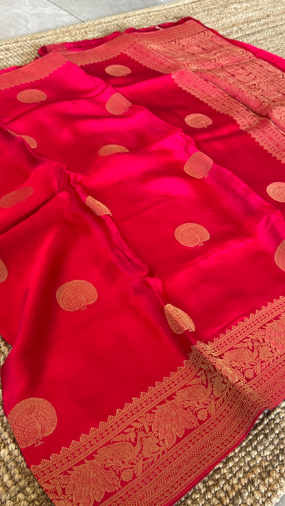 Pure Satin Viscose Silk Banarasi Sarees - Hot Pink