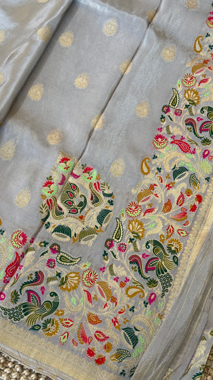 Soft Tissue Silk Saree – Elegant Light Grey with Intricate Weaving