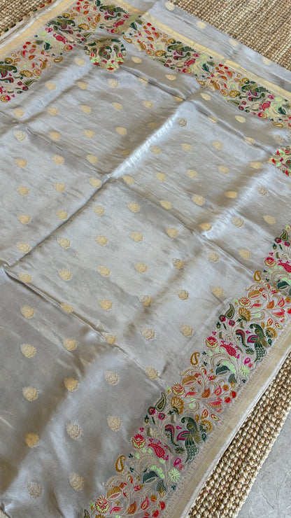 Soft Tissue Silk Saree – Elegant Light Grey with Intricate Weaving