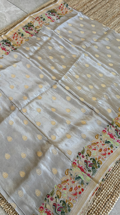 Soft Tissue Silk Saree – Elegant Light Grey with Intricate Weaving