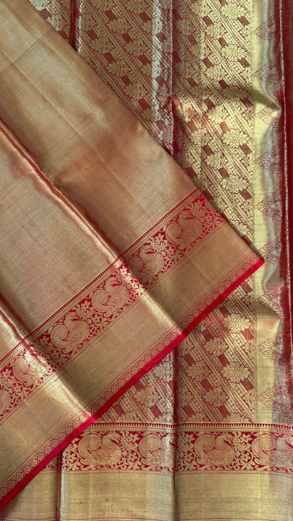 Pure Handloom Tissue Kanchivaram Silk Saree – Gold and Red Bridal Saree