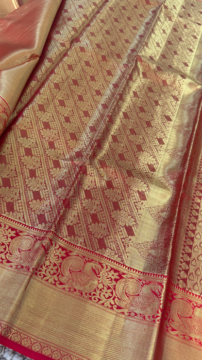 Pure Handloom Tissue Kanchivaram Silk Saree – Gold and Red Bridal Saree