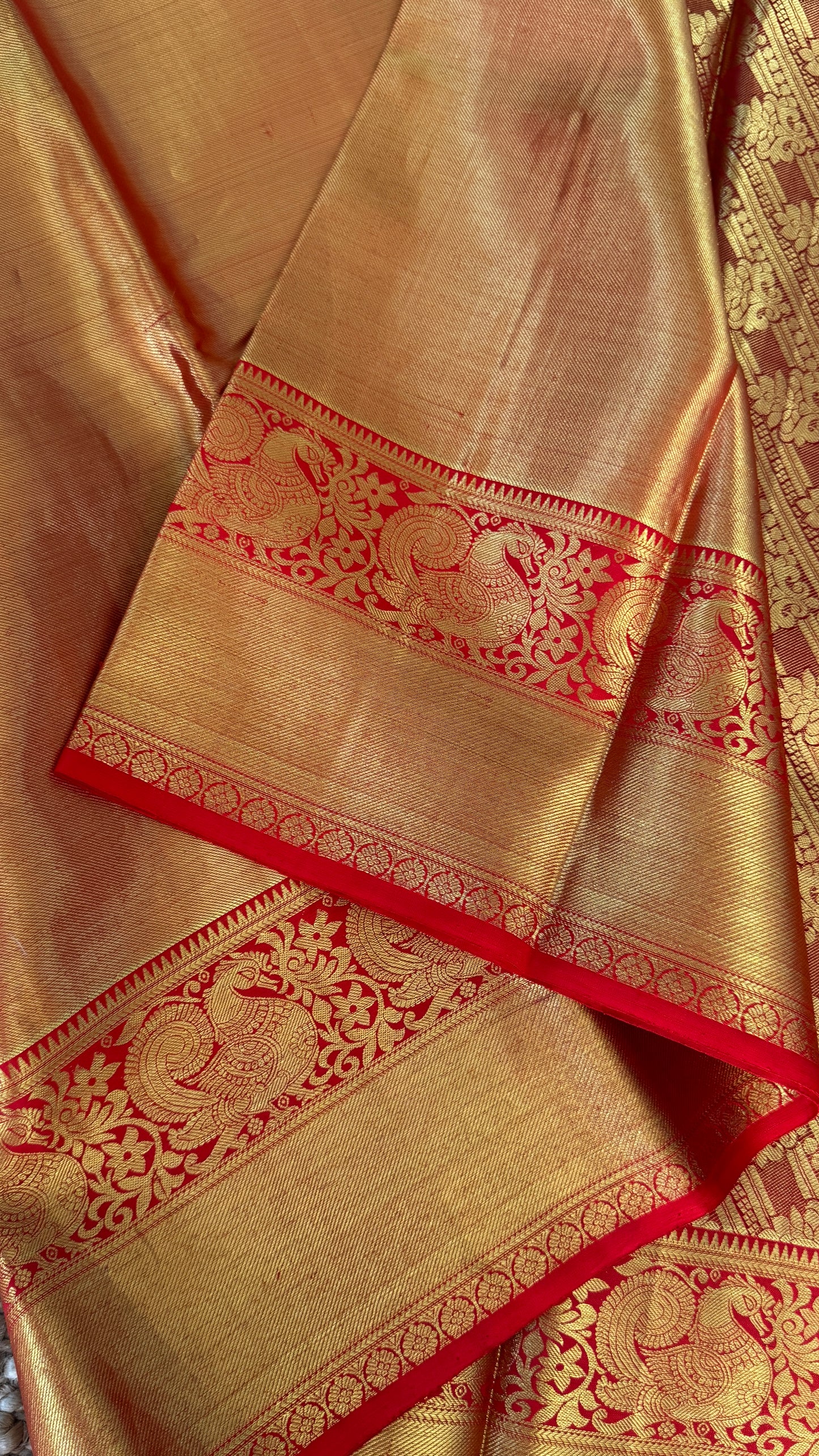 Pure Handloom Tissue Kanchivaram Silk Saree – Gold and Red Bridal Saree