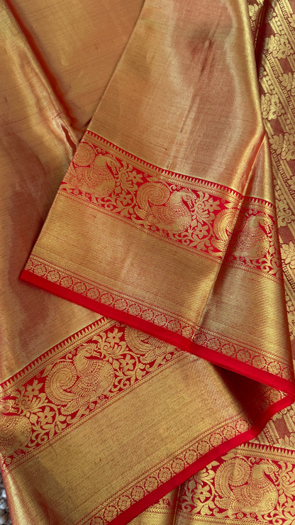 Pure Handloom Tissue Kanchivaram Silk Saree – Gold and Red Bridal Saree