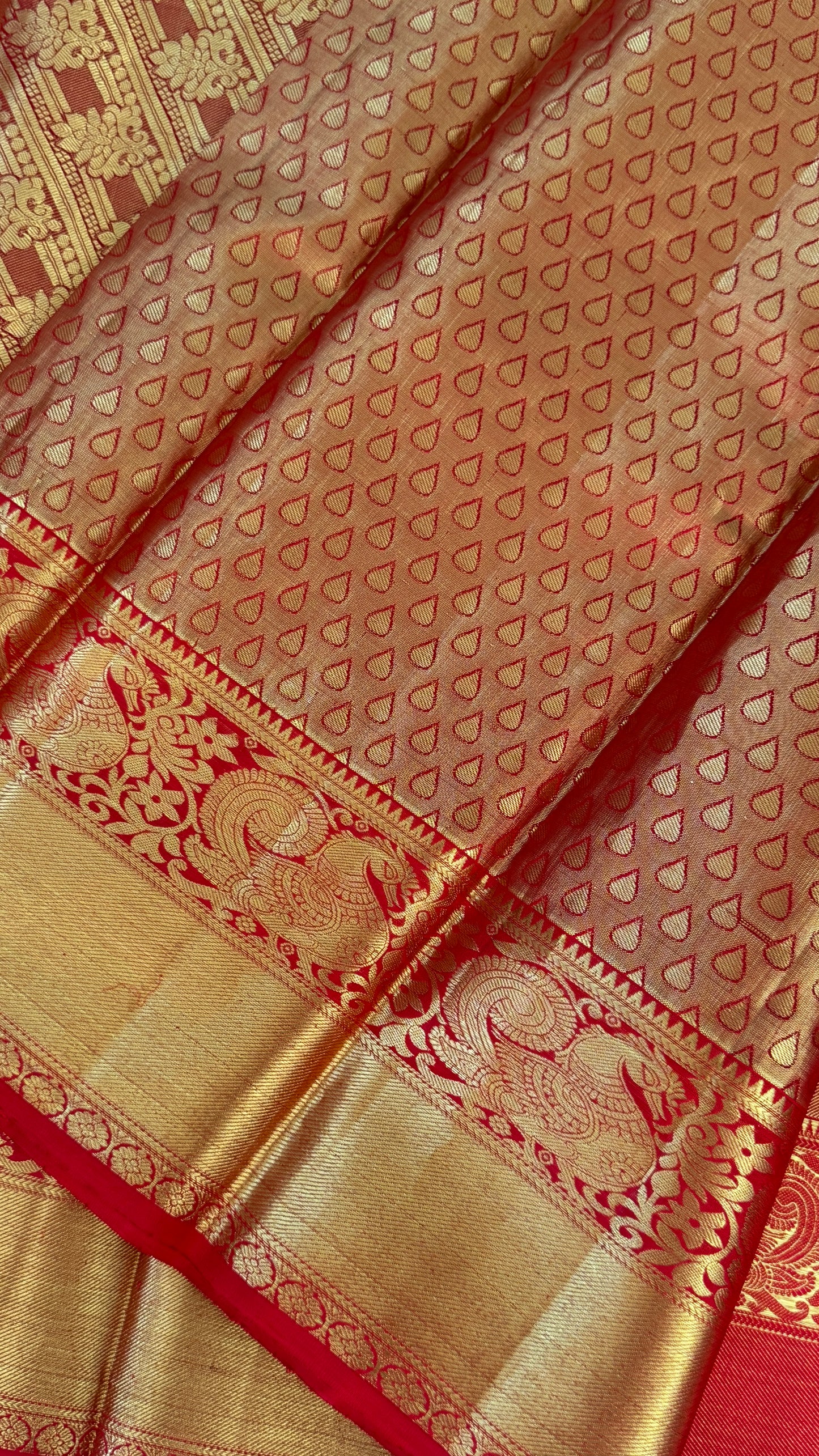 Pure Handloom Tissue Kanchivaram Silk Saree – Gold and Red Bridal Saree