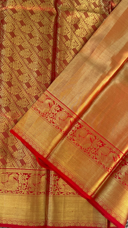 Pure Handloom Tissue Kanchivaram Silk Saree – Gold and Red Bridal Saree